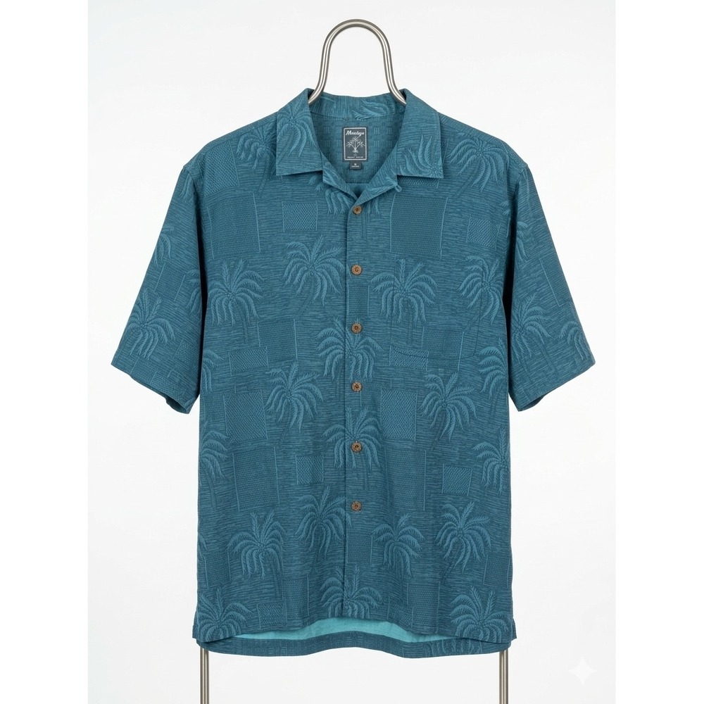 Montego Resort Shirt Mens‎ M Green Silk Palm Tree Jacquard Pigment Dyed Hawaiian